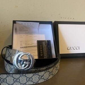 Gucci Black and Gray Monogram Belt silver buckle
